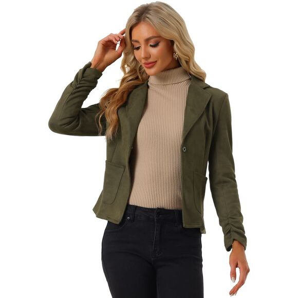 Casual Open Front Drawstring Faux Suede Blazer Olive Green - Picture 1 of 5